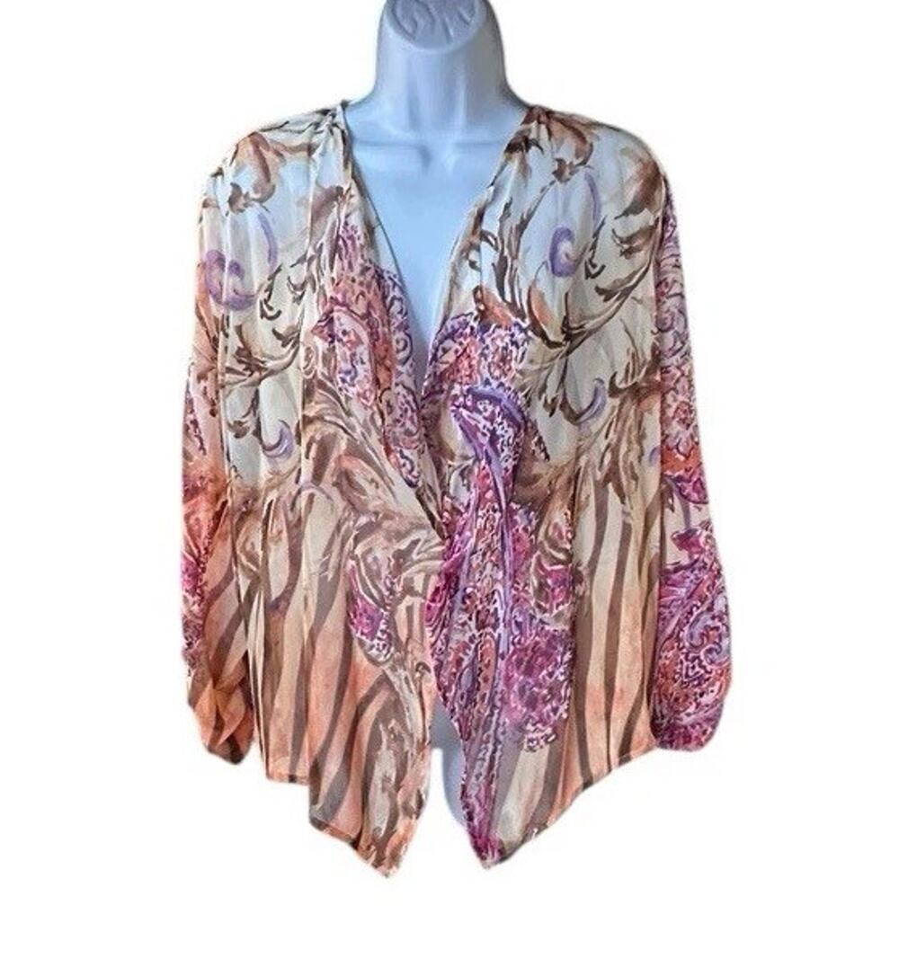 Chicos Cardigan Womens Size 1/M Animal Paisley Print Sheer Multicolor Open